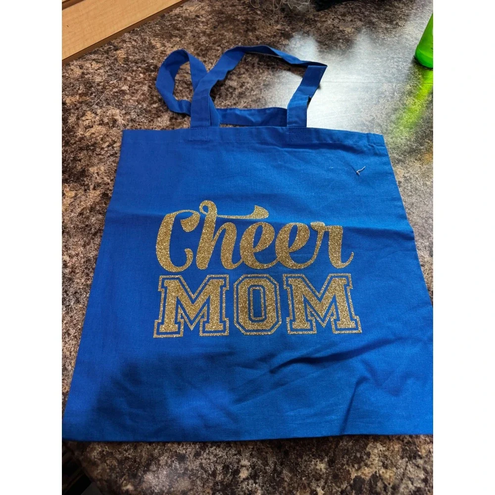 Cheer Mom Tote Bag Royal Blue Gold Glitter Graphic Canvas Reusable Shoulder Bag
